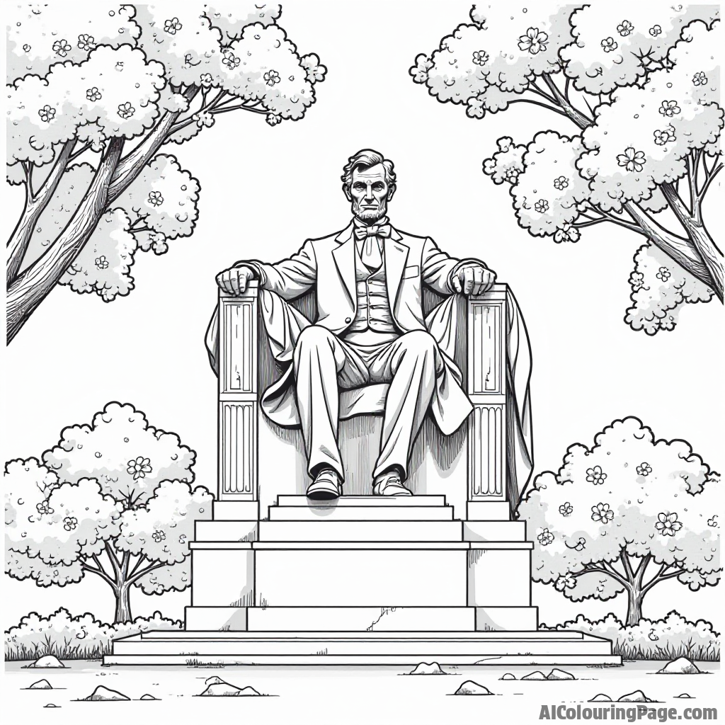 An artistic representation of the Lincoln Memorial, with kids sketching and coloring the iconic statue of Lincoln sitting, surrounded by cherry blossom trees.