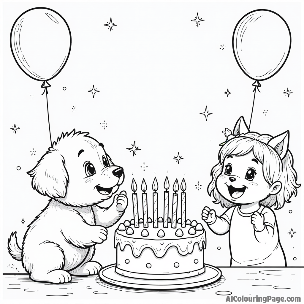 A puppy at a birthday party, blowing out candles on a cake, with balloons and friends excitedly singing around.