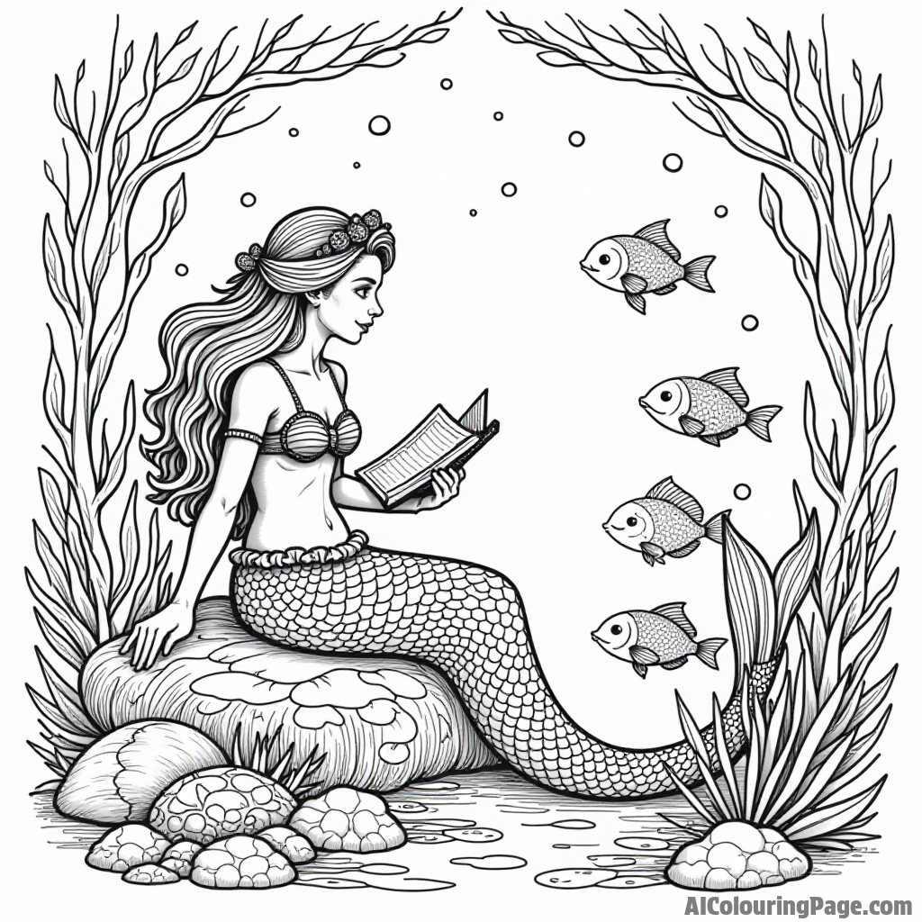 A storytelling mermaid sharing tales with a group of fish, under a canopy of colorful coral and shimmering light.