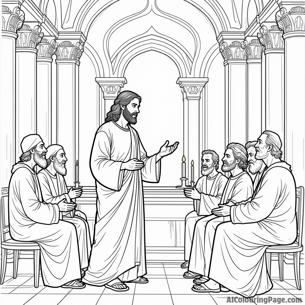 Jesus in the temple, teaching elders, scrolls and candles around, intricate architecture in the background