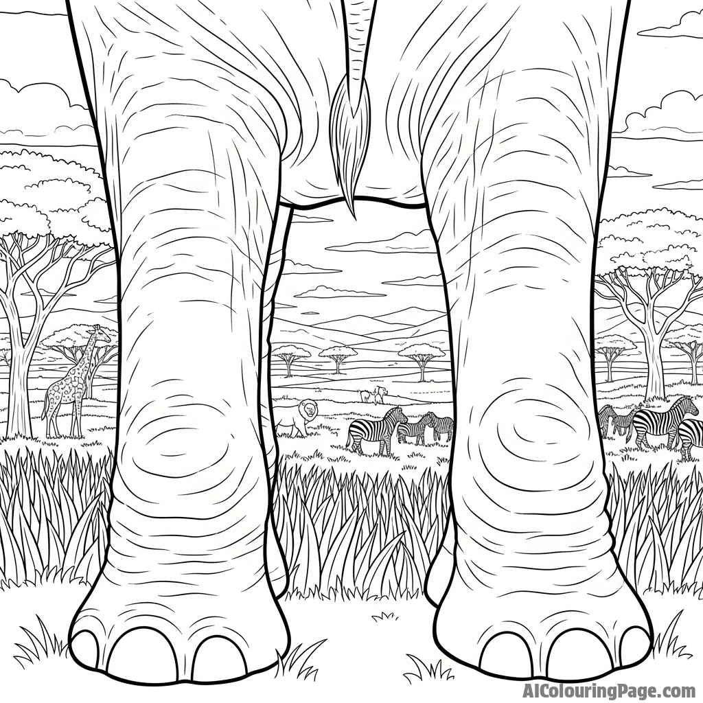 A view from between an elephant's legs, looking out at the savanna.
