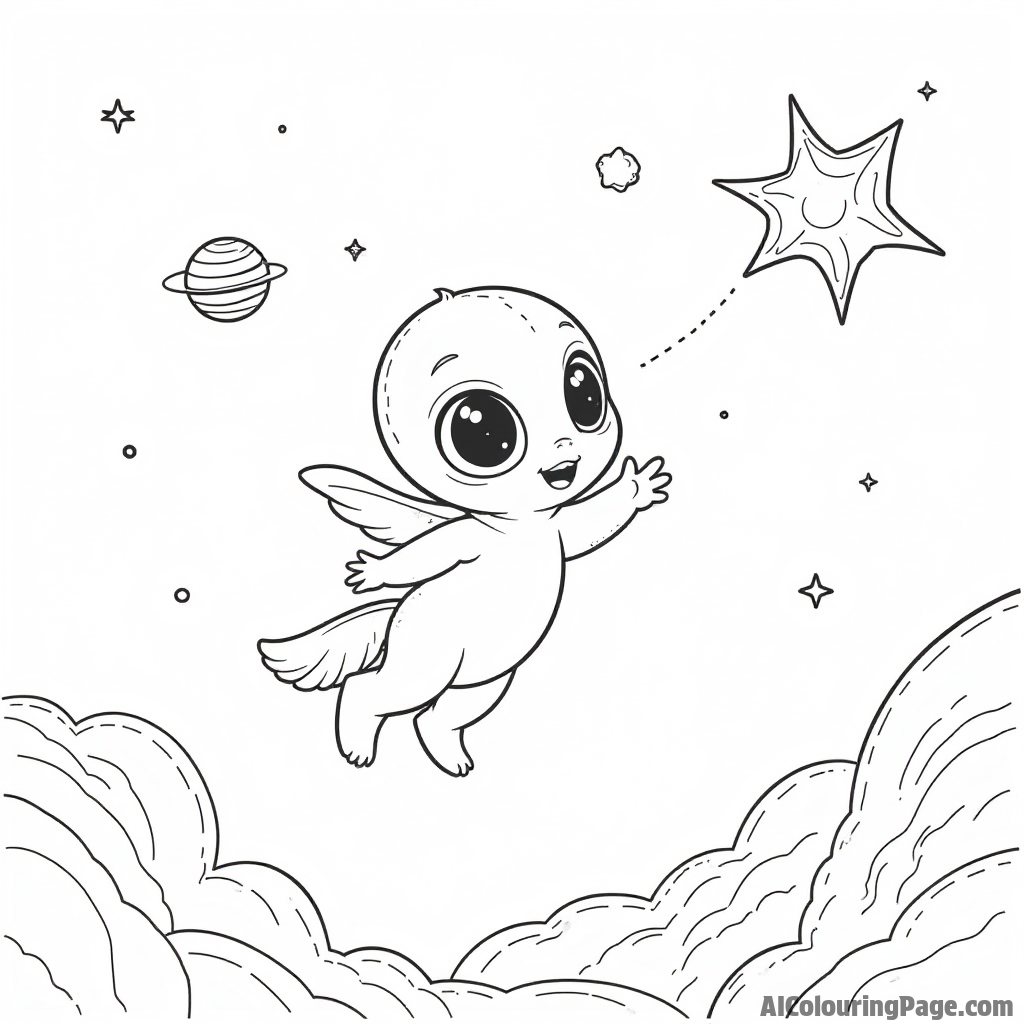 A cute alien pet floating in a bubble while reaching for a star, with a planet and moons in the distance.