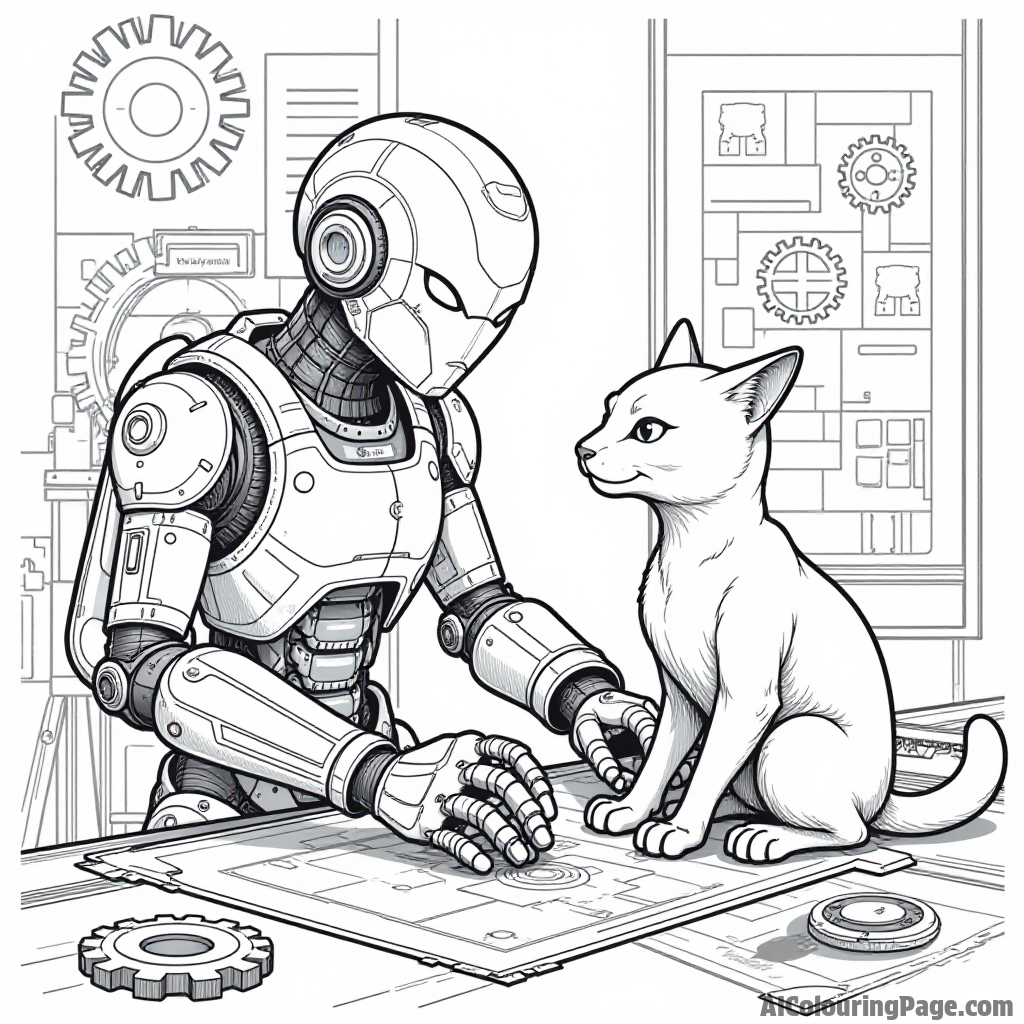 Cyborg and Raven creating a new invention together, surrounded by gears and blueprints, with a curious cat watching closely.