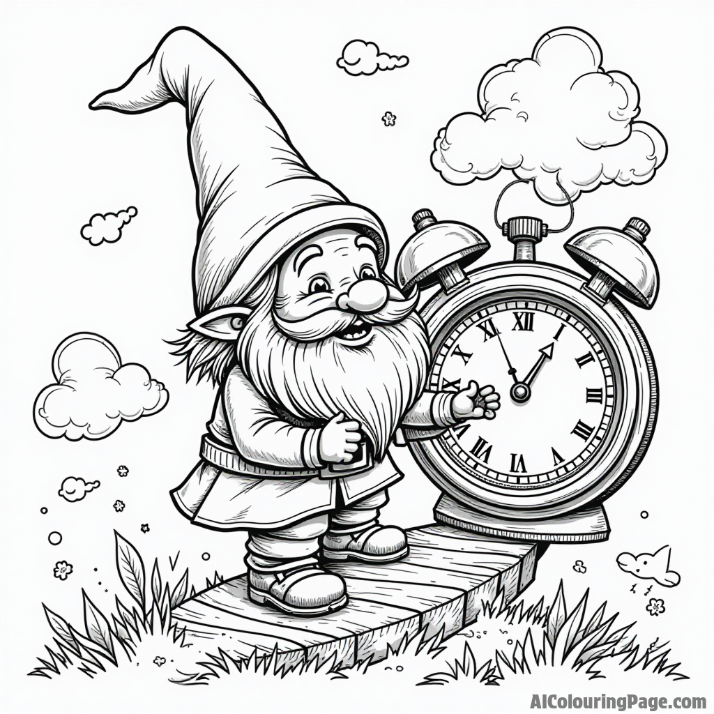 A gnome traveling through time with a whimsical time machine and a clock showing different eras in the background.