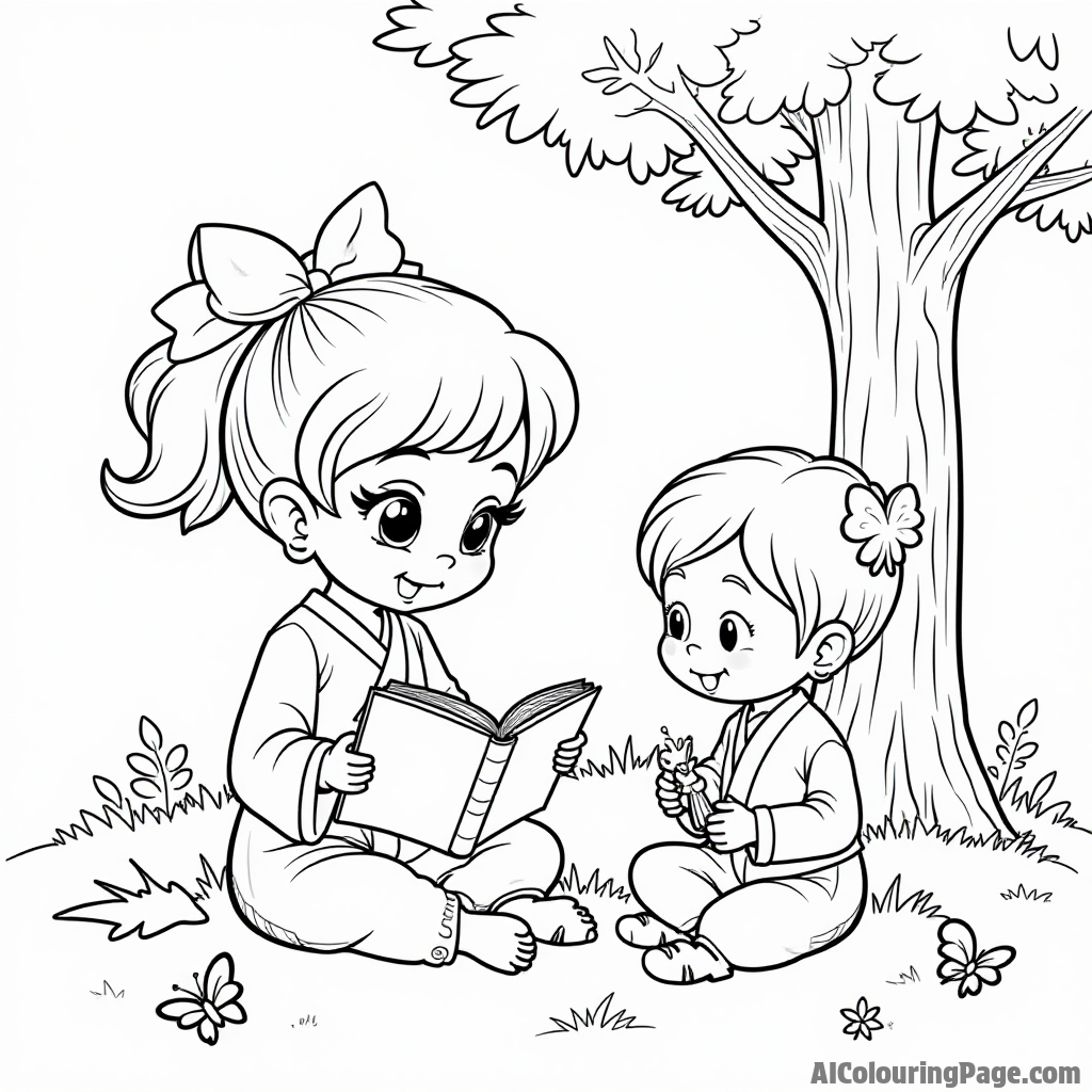 Blossom reading a book under a tree, with Buttercup practicing martial arts and Bubbles playing with a butterfly nearby