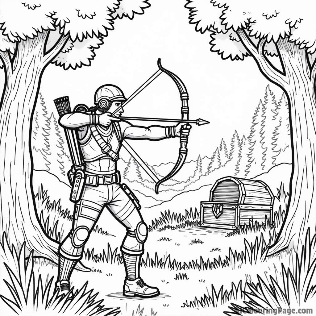 A Fortnite character aiming a bow and arrow in a dense forest with tall trees and a hidden treasure chest for kids to color