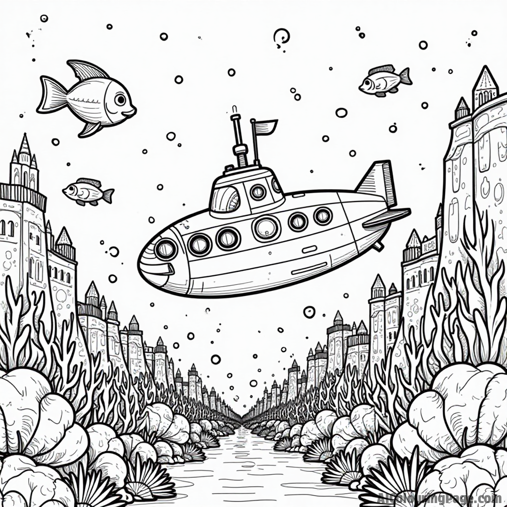 A submarine exploring a vibrant underwater city made of coral and shells, with fish swimming through the colorful structures, creating a fun and adventurous coloring page.