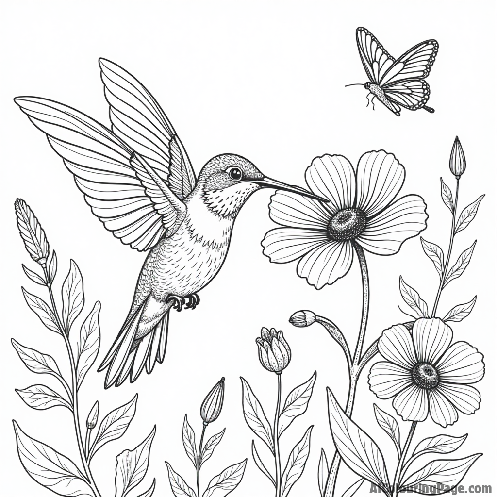 A hummingbird sipping nectar from a vibrant flower in a sunny garden with butterflies fluttering nearby.