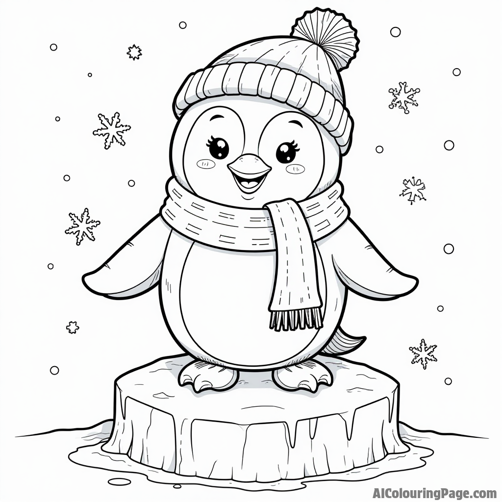 A cheerful penguin wearing a scarf and a knitted hat, standing on an iceberg with snowflakes falling around.