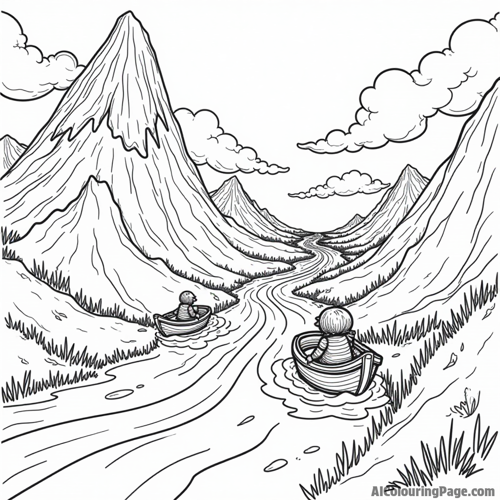 A fantasy land with ice cream mountains and rivers, where kids ride on candy boats