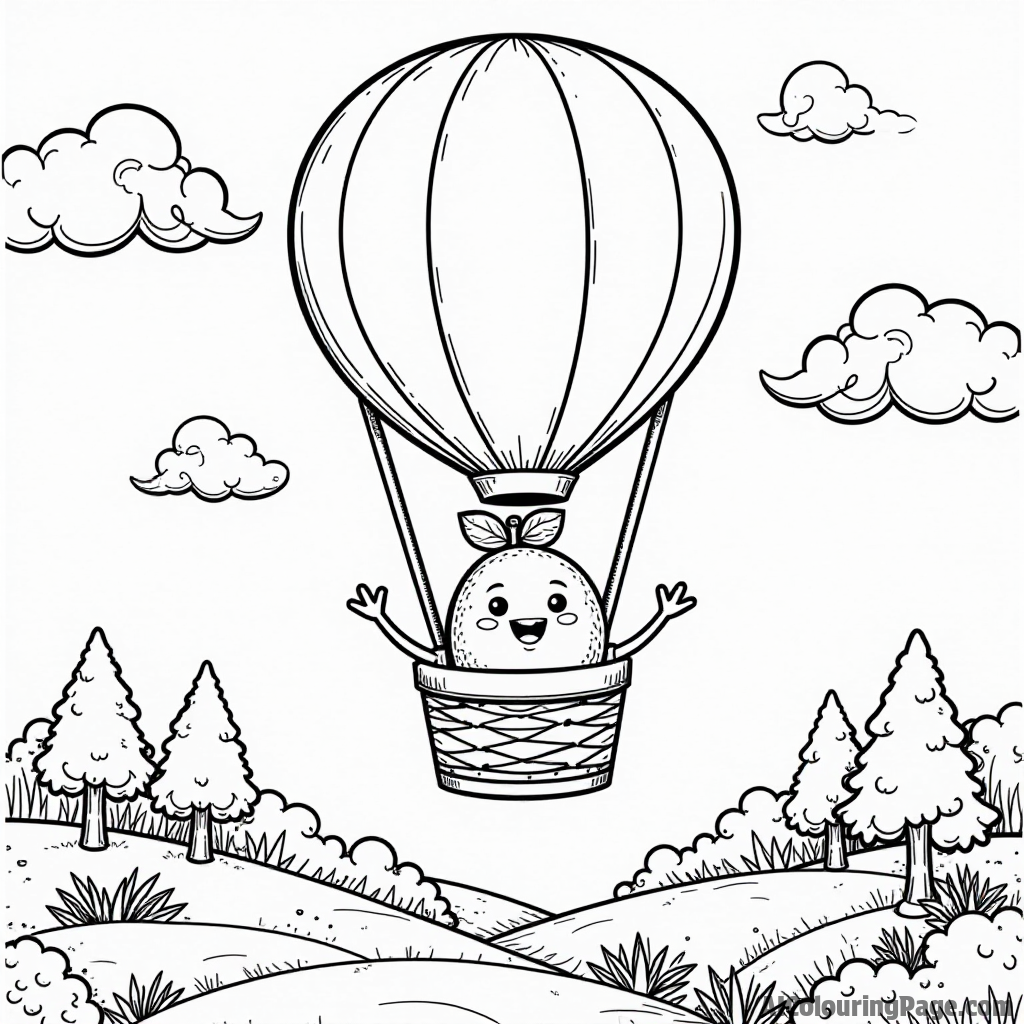 A friendly fruit character enjoying a hot air balloon ride, floating above a colorful landscape filled with fruit trees.