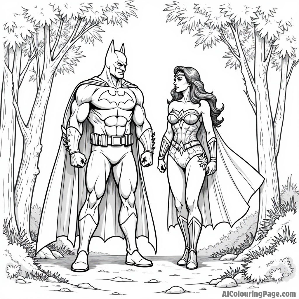 Batman and Wonder Woman training together in a serene forest clearing with trees and sunlight filtering through leaves.