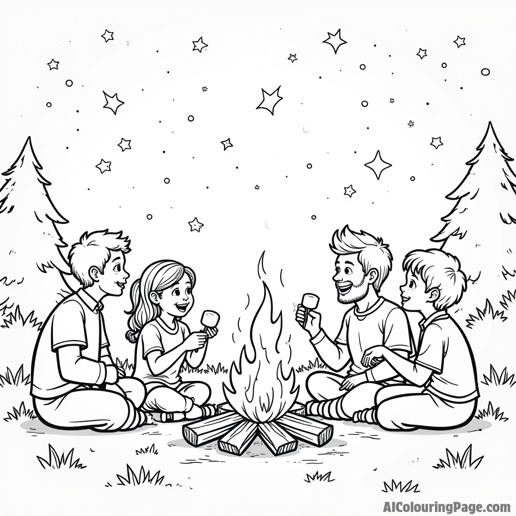 A family gathered around a bonfire at night, sharing stories and roasting marshmallows under a sky full of stars