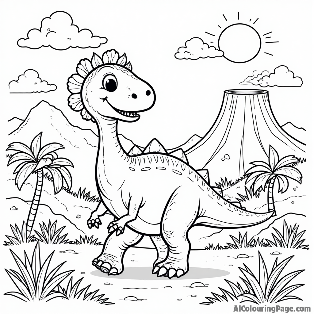 A friendly dinosaur wandering through a prehistoric landscape with volcanoes, lush greenery, and a bright sun for kids to color.