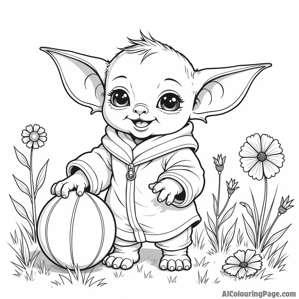 Baby Yoda playing with a ball in a sunny meadow filled with wildflowers