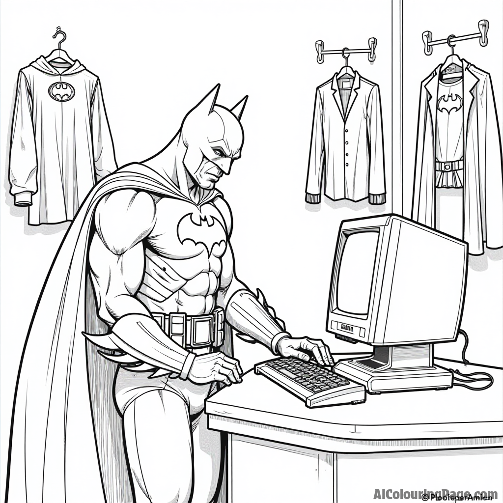 Batman preparing his gadgets in the Batcave with the iconic Batcomputer and various superhero costumes hanging nearby.