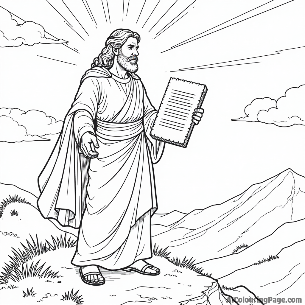 Moses holding the Ten Commandments on a mountain, with rays of light shining down and a few clouds in the sky.