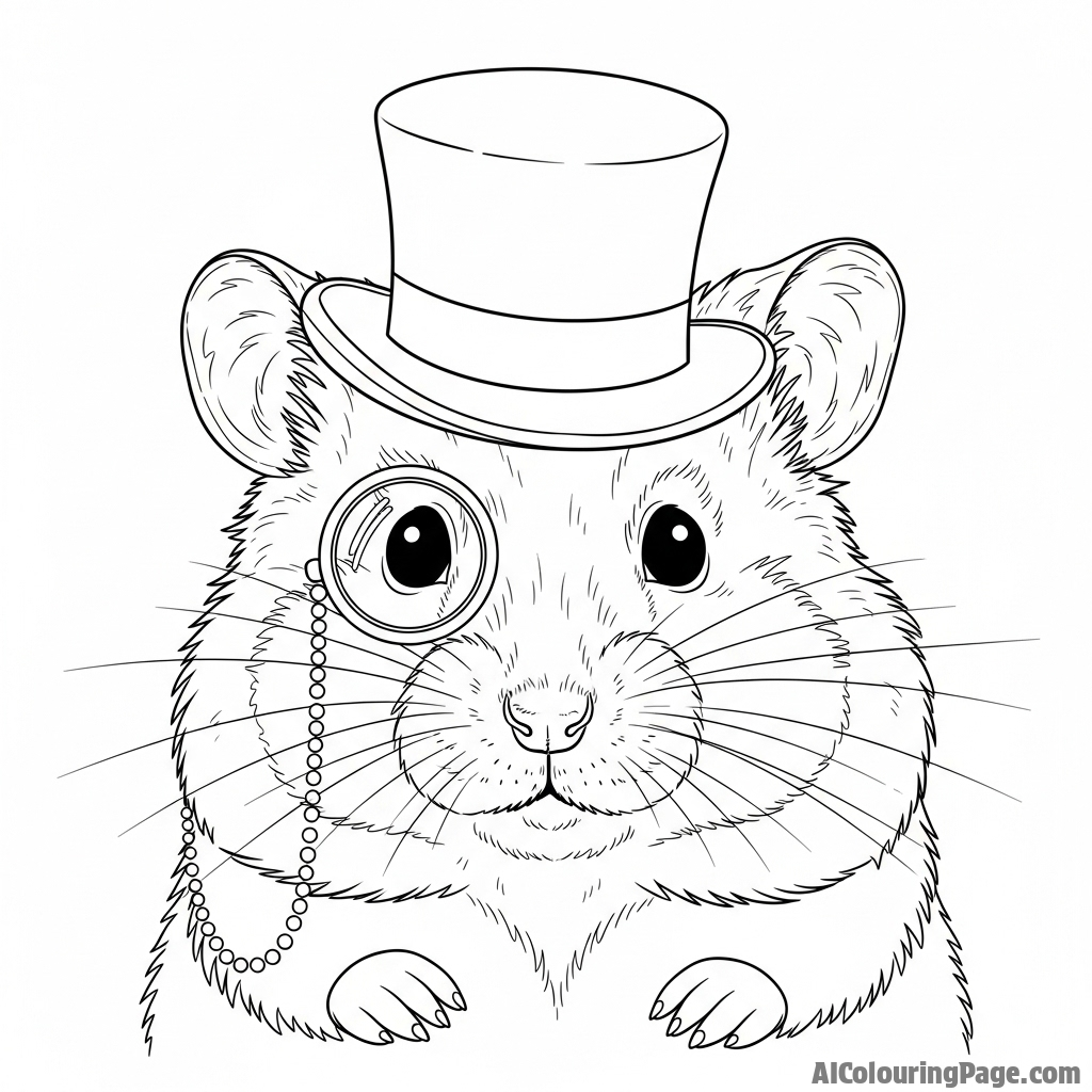 A studio portrait of a hamster wearing a miniature top hat and a monocle