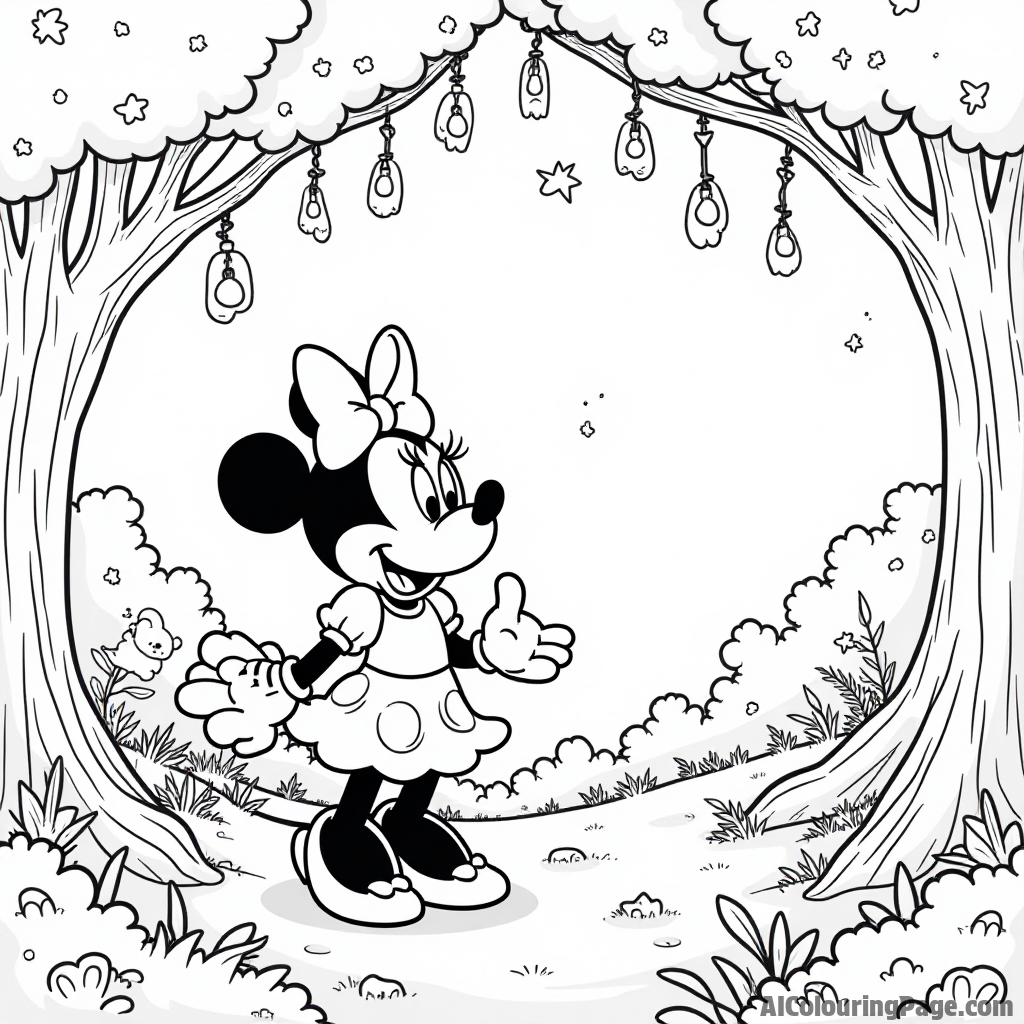 Minnie Mouse exploring an enchanted forest, surrounded by whimsical trees, friendly animals, and sparkling fairy lights hanging above