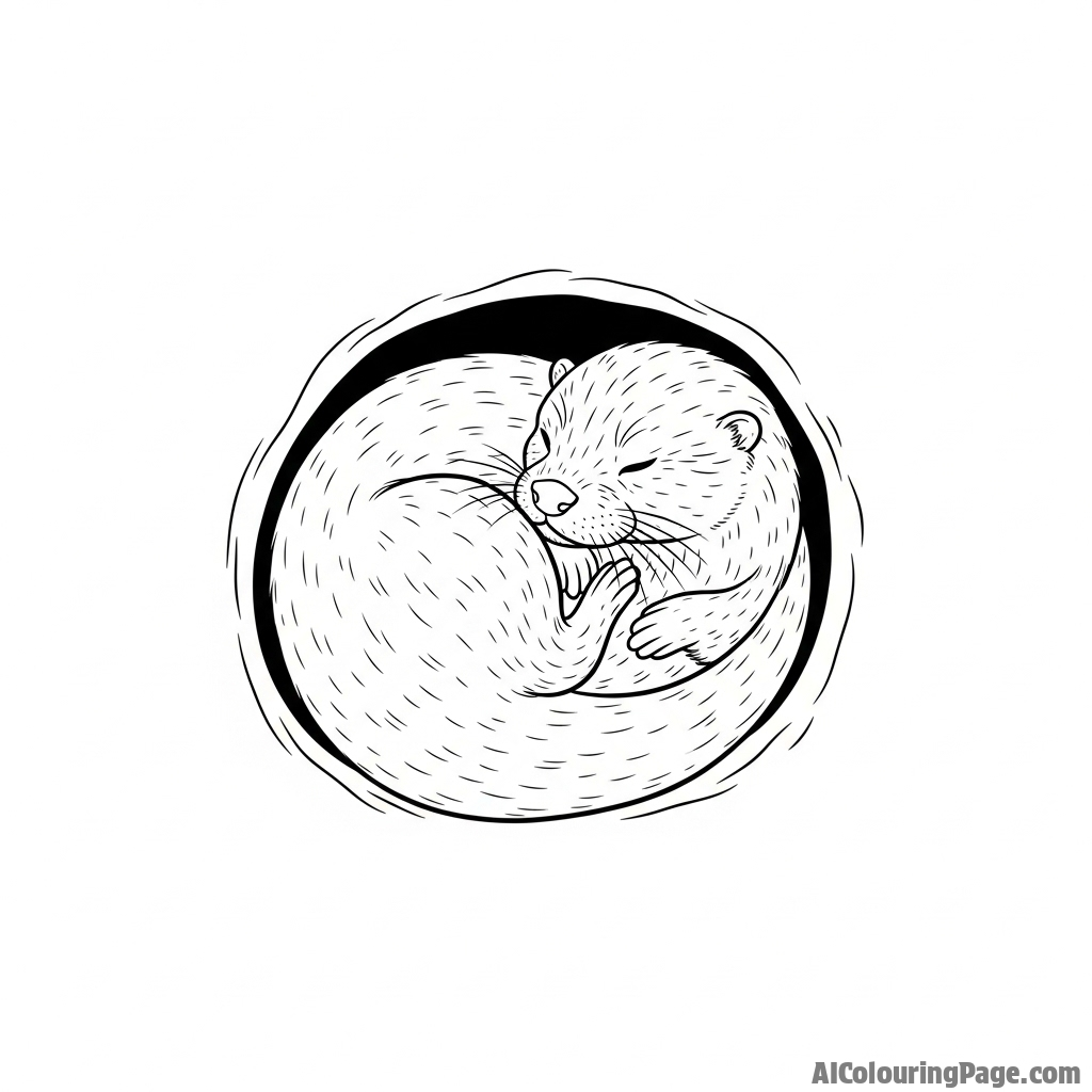 A sleeping otter curled into a tight ball inside its riverside den.