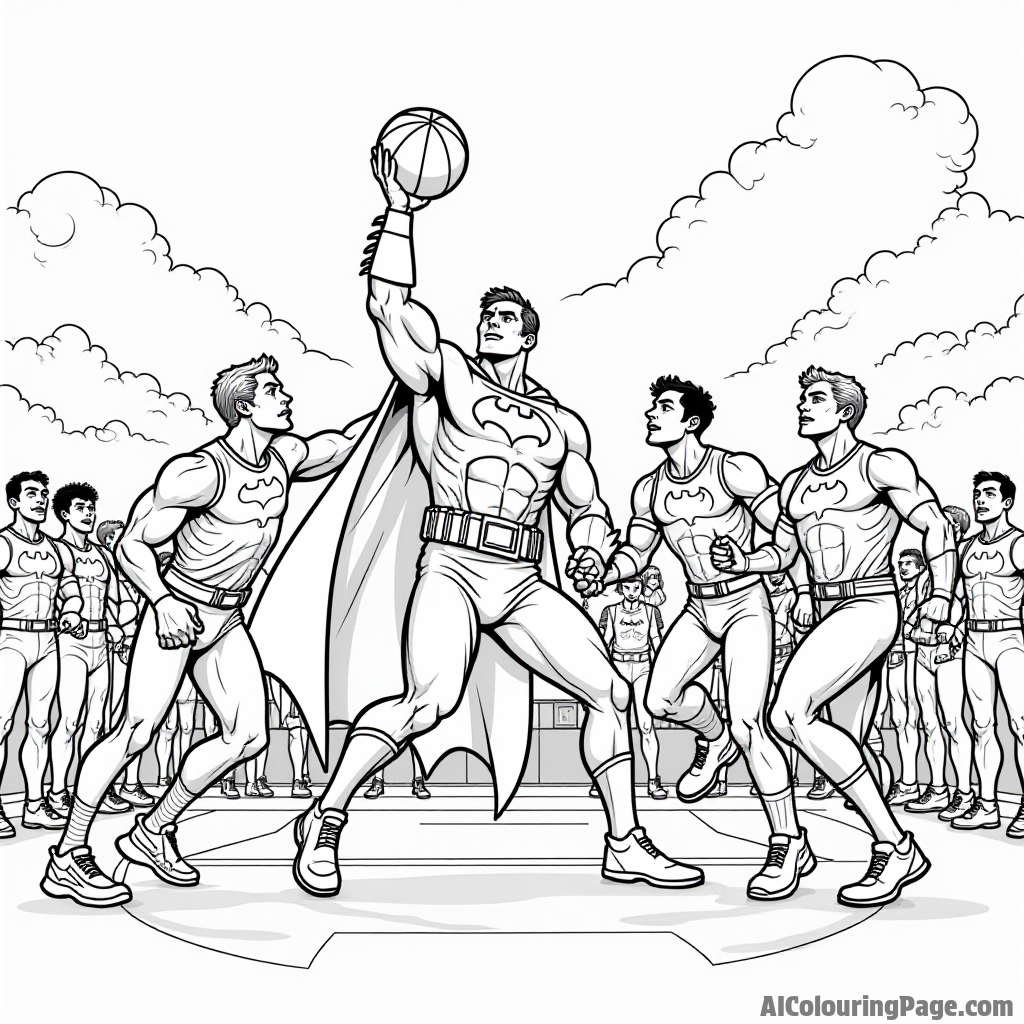 Batman and his team of superheroes playing basketball together on an outdoor court with cheering fans in the background.