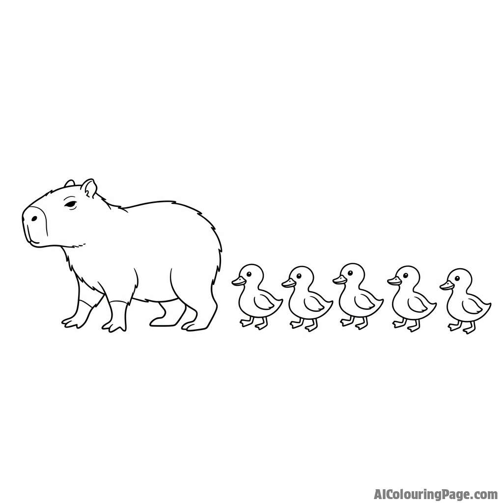 A capybara leading a parade of ducklings.
