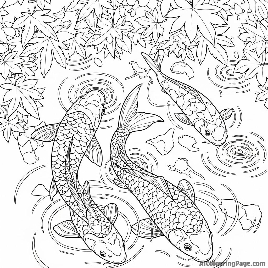 Dappled sunlight through tree leaves creating a shifting, luminous pattern on the backs of koi.