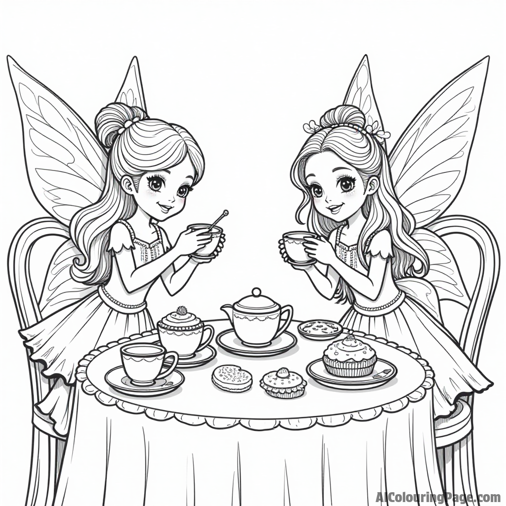 A magical tea party with fairy characters enjoying a variety of cookies and cupcakes on a beautifully set table.