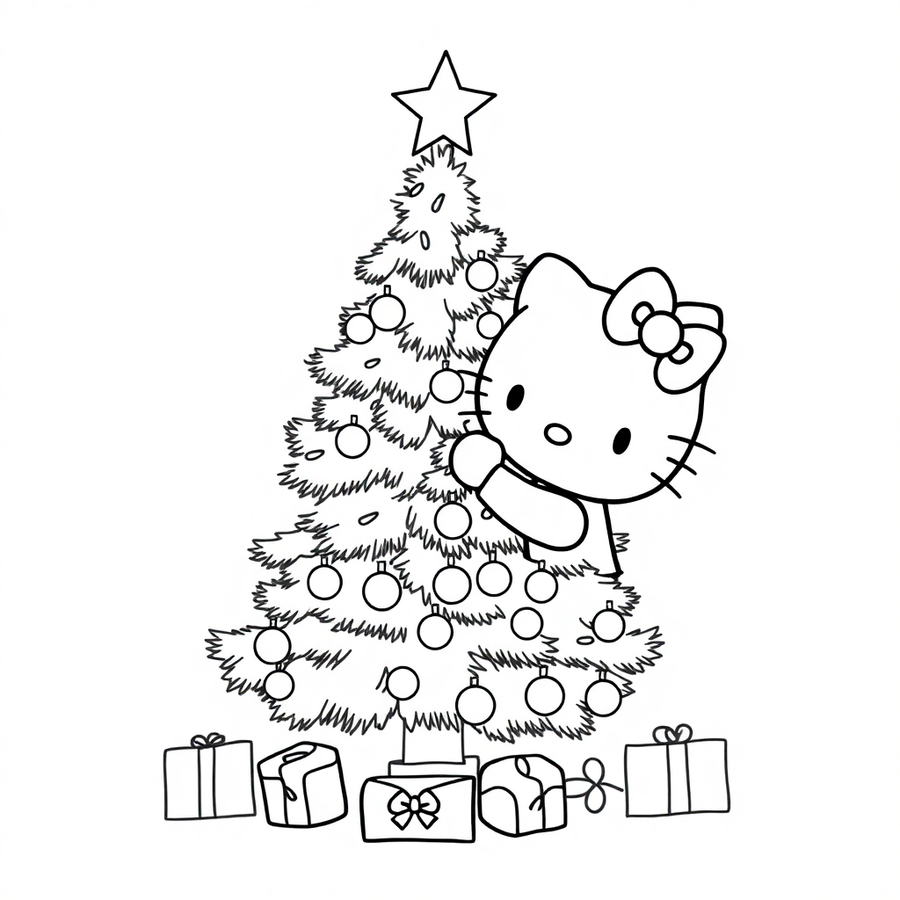 Hello Kitty decorating a Christmas tree