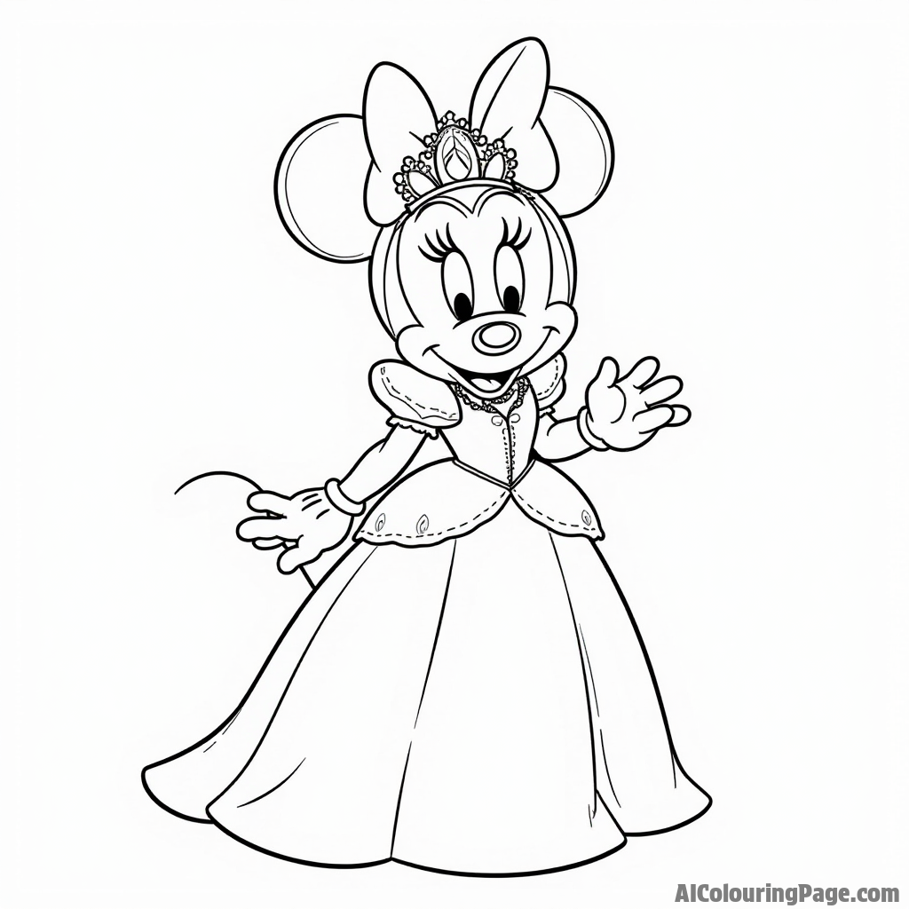 Minnie Mouse dressing up as a princess, with a sparkling crown and a beautiful gown, in a fairytale setting.