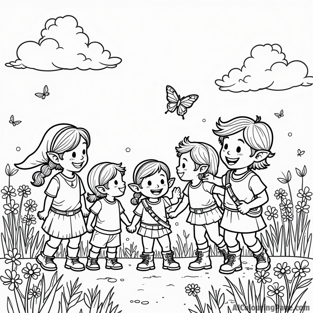 Link playing with a group of children in a sunny meadow, surrounded by flowers, butterflies, and laughter filling the air