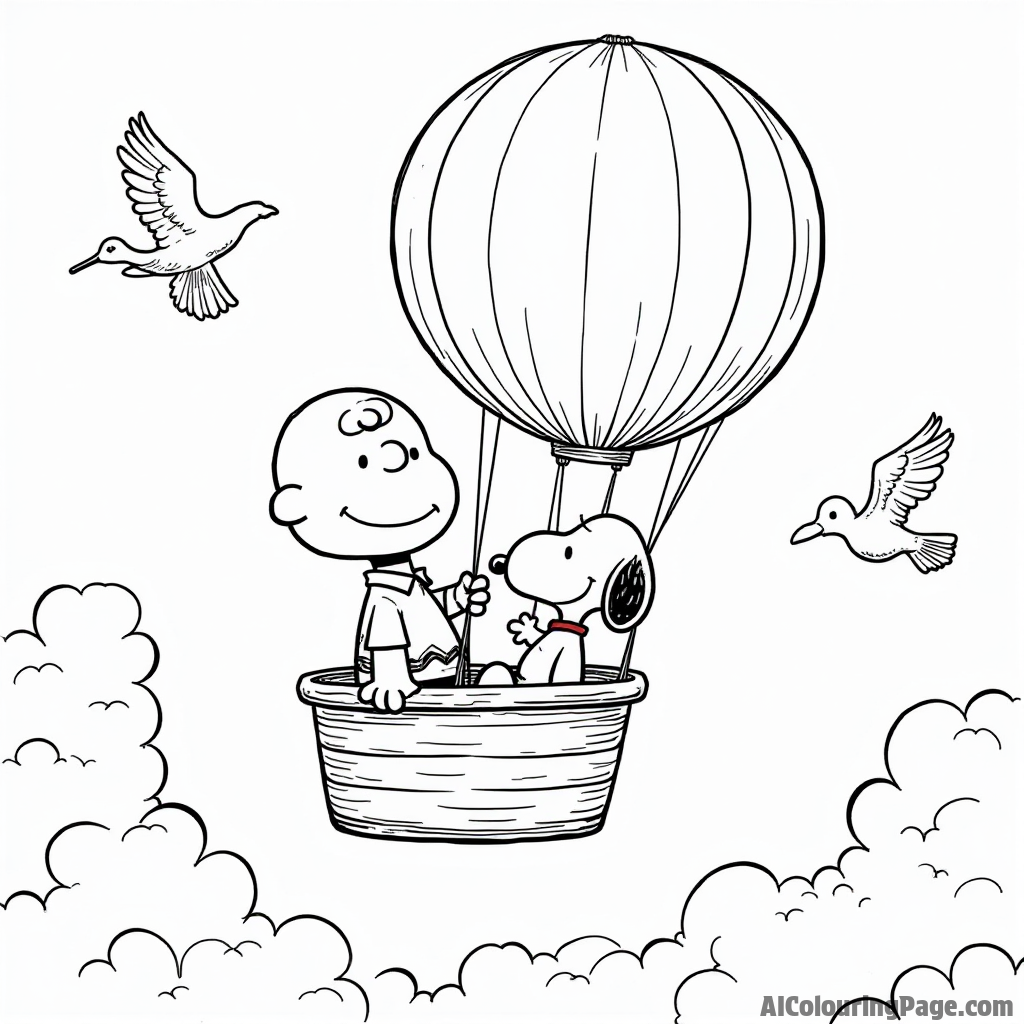 Charlie Brown and Snoopy flying in a hot air balloon with clouds and birds soaring around them