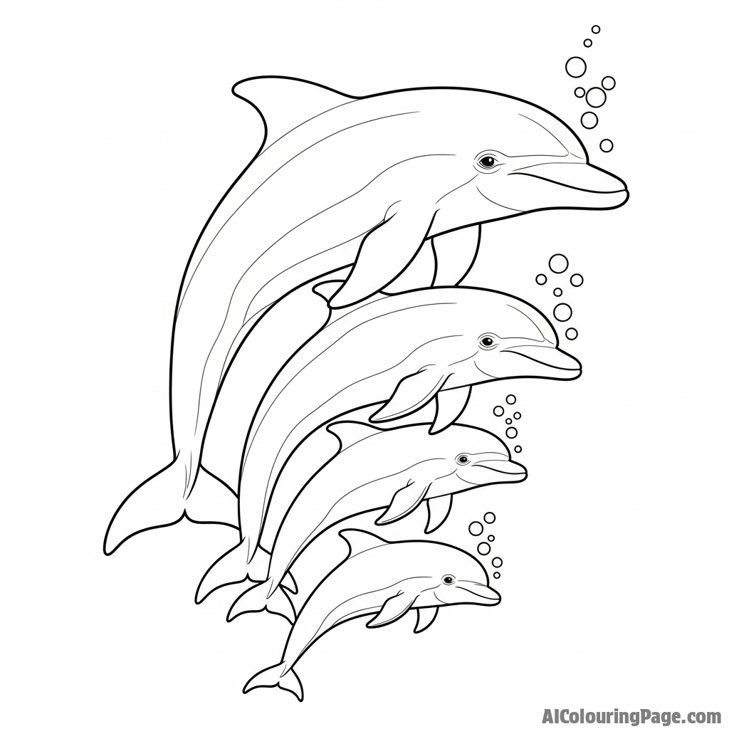 A family of dolphins resting motionlessly, suspended vertically in the deep water column.
