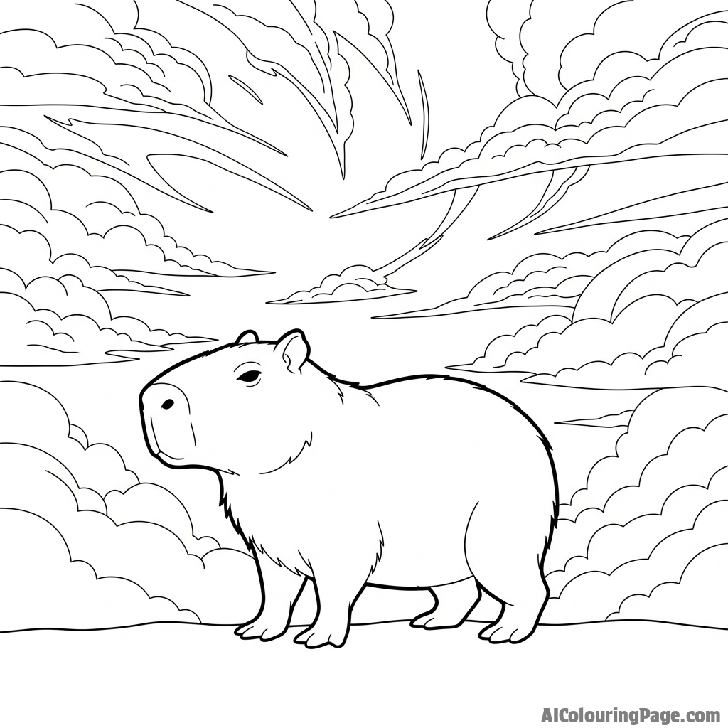 A capybara's silhouette against a dramatic, cloudy sky.