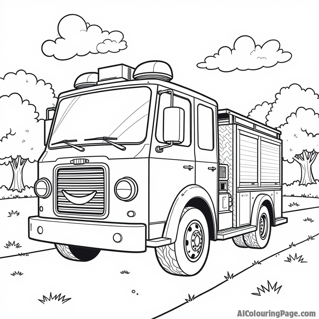 A fire truck with a big smile on its grill alongside a group of kids playing frisbee, set against a park backdrop, designed for coloring enjoyment.