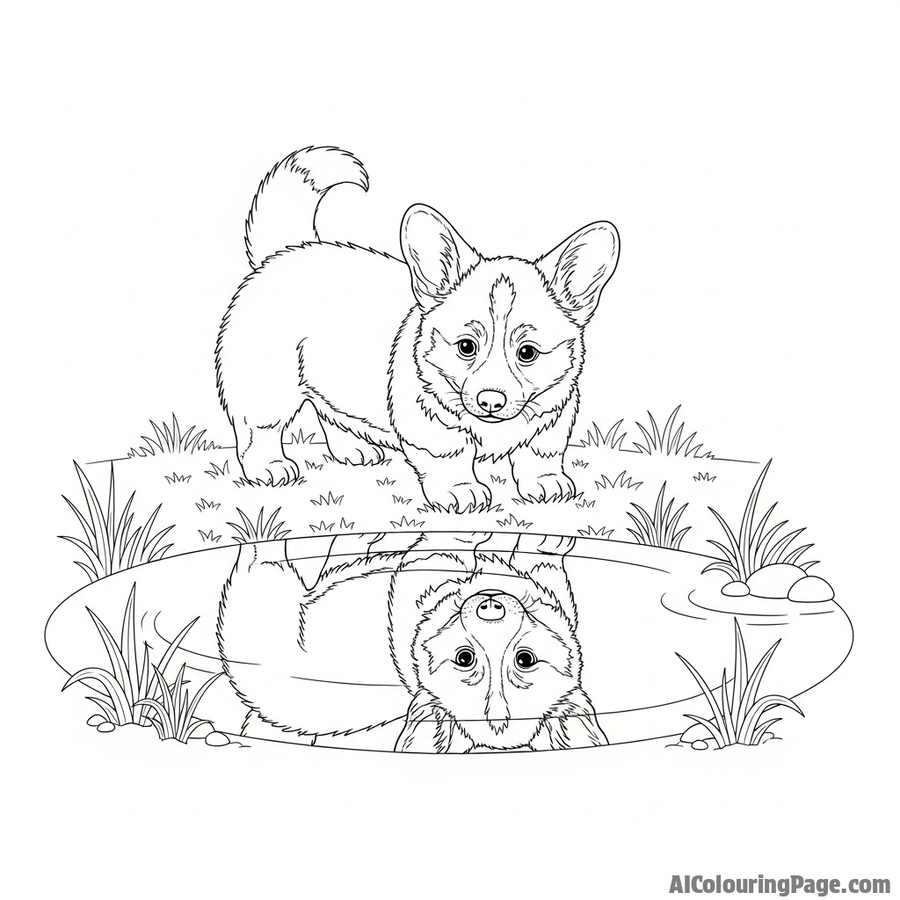 A corgi puppy discovering its reflection in a still pond for the first time.