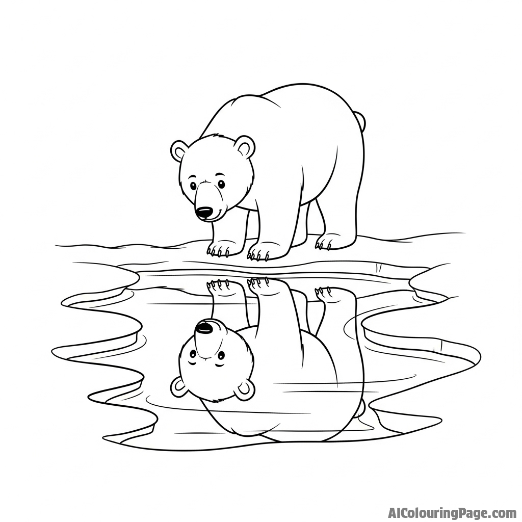 A polar bear's reflection perfectly mirrored in the still, dark water of a melt pond.
