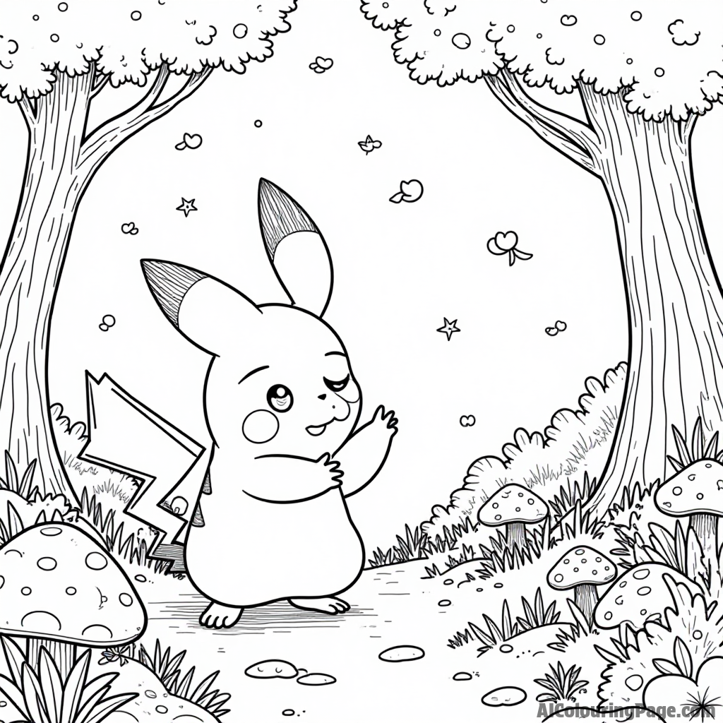 Pikachu exploring a magical forest filled with mushrooms, sparkling fireflies, and hidden treasures