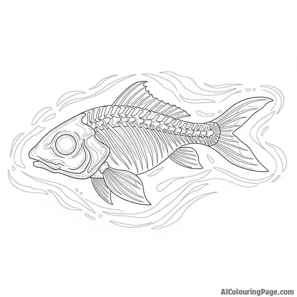 The ethereal skeleton of a koi fish, glowing faintly in a deep, dark body of water.