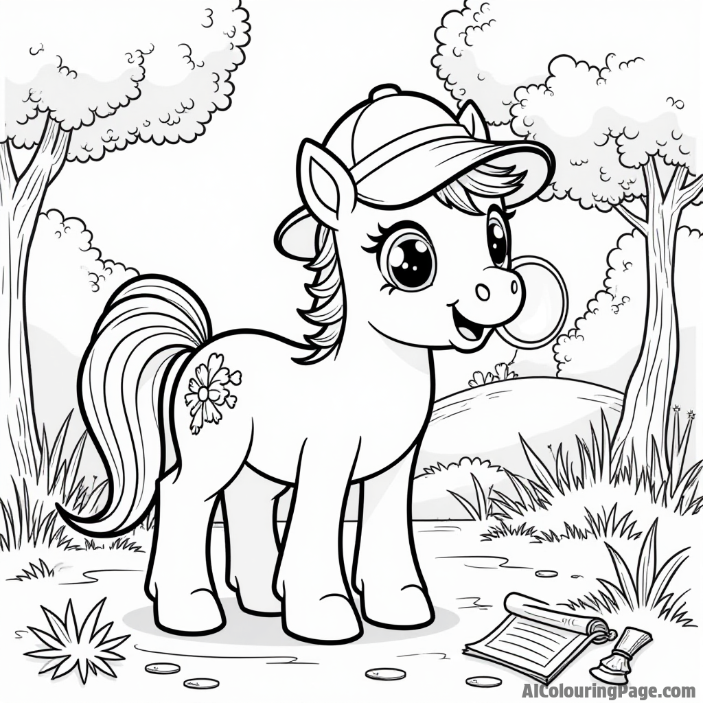 A pony wearing a detective hat searching for clues with a magnifying glass in a playful outdoor setting.