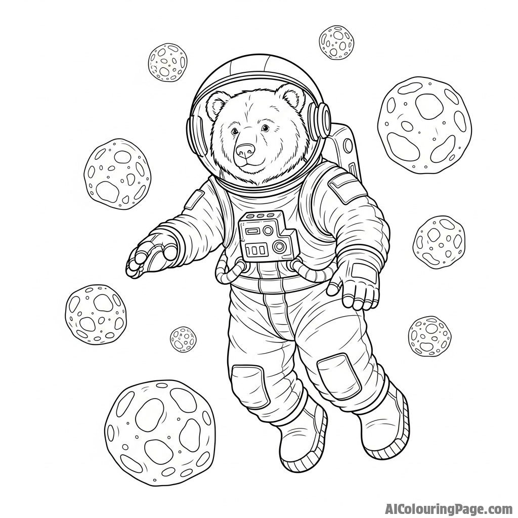 An illustration of a bear in a spacesuit, floating among asteroids.