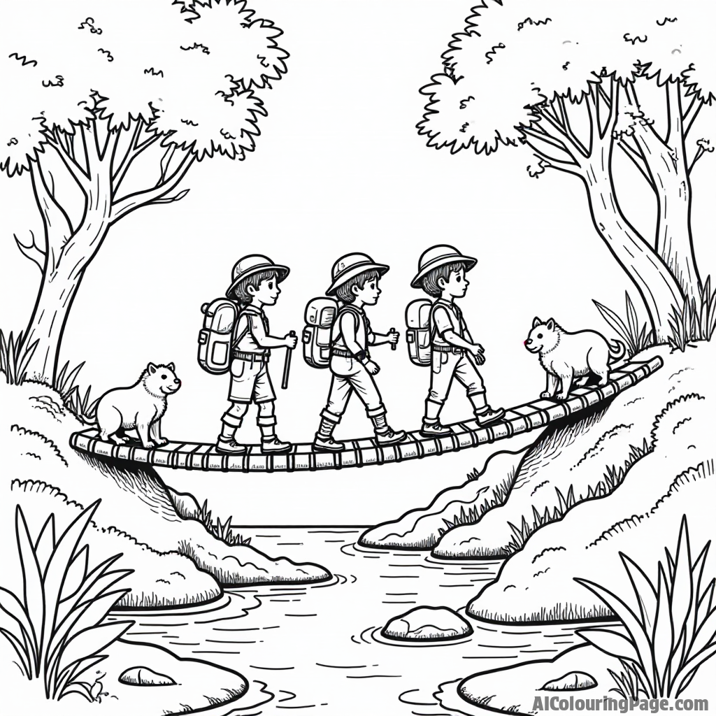 A group of adventurous explorers crossing a rope bridge over a jungle stream, with curious animals watching from the sides, creating a thrilling coloring scene for imaginative kids.