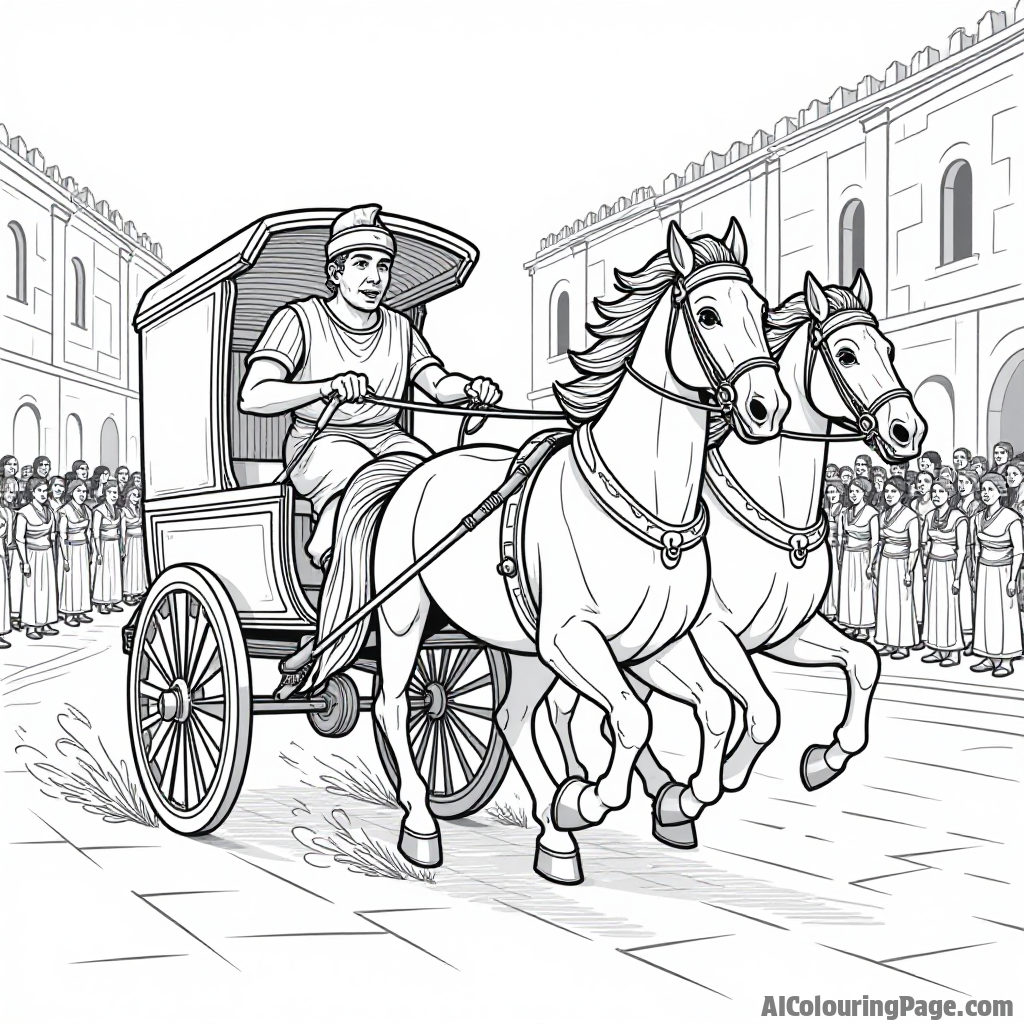 A majestic Roman chariot pulled by two horses, racing through ancient streets, with detailed wheels and a crowd of excited spectators, perfect for a fun coloring experience.