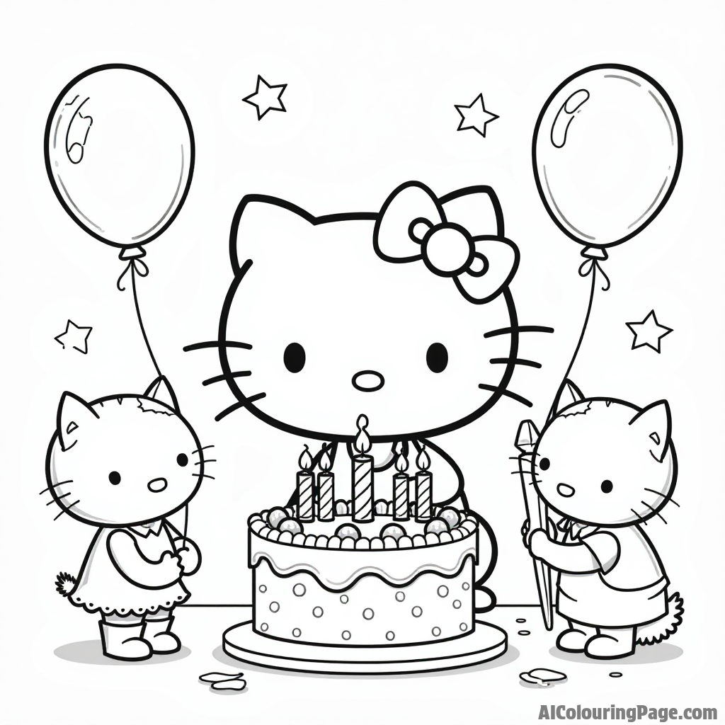 Hello Kitty celebrating her birthday with balloons, a cake, and friends gathered around in a festive atmosphere