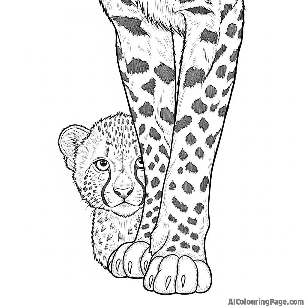A curious cheetah cub peeking out from behind its mother's protective leg.