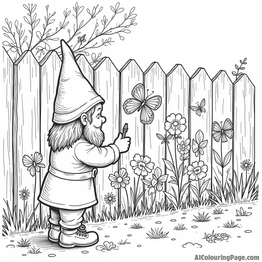 A gnome creating a colorful mural on a garden fence, featuring flowers, butterflies, and whimsical creatures dancing around.