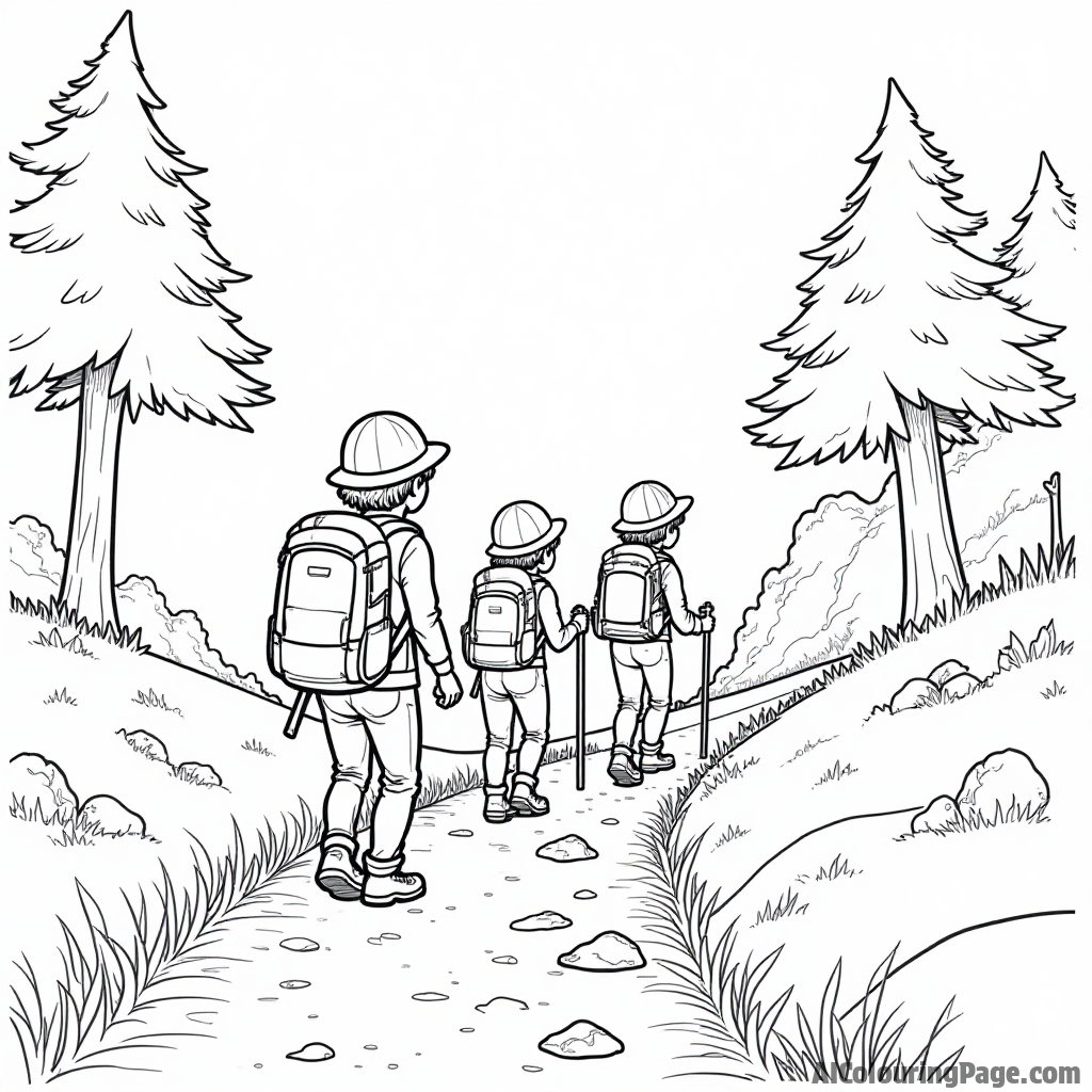 A small group of adventurers setting out on a trail, with backpacks and walking sticks, surrounded by tall trees and scattered rocks, inviting children to color their journey.