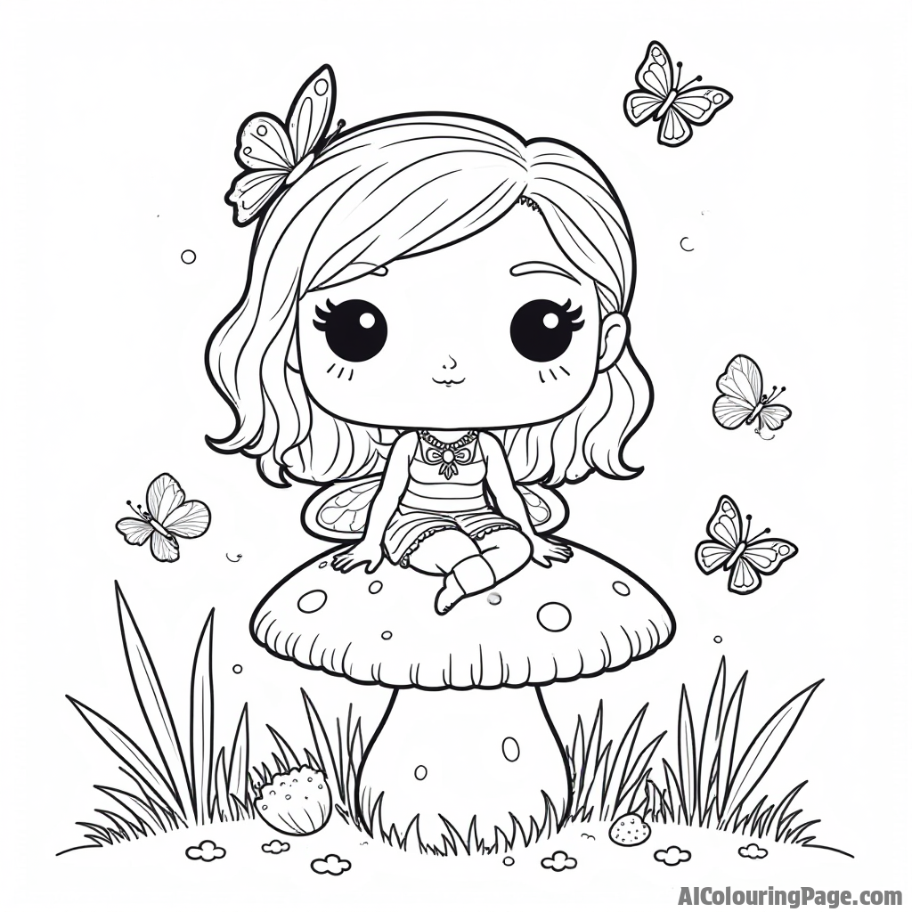 A Funko Pop figure of a fairy sitting on a mushroom, with butterflies fluttering around her in a whimsical garden setting, creating a delightful scene for kids to color and cherish.