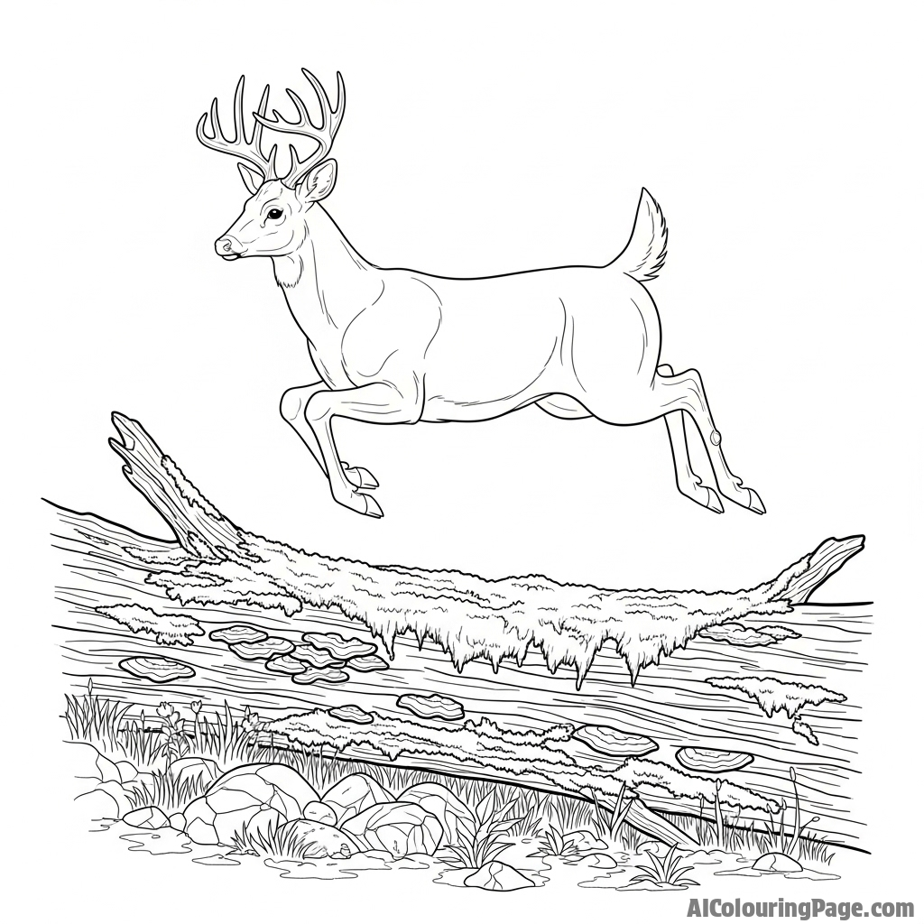 A deer leaping gracefully over a fallen, moss-covered log.