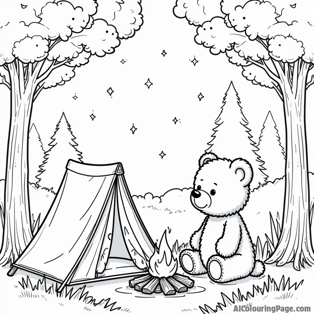 A teddy bear camping in the woods, with a tent and a campfire, surrounded by trees and twinkling stars, providing a fun outdoor adventure for coloring enthusiasts.